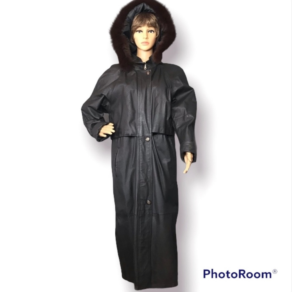 Vintage Trench Coat, Leather, Coyote Fur Trim Hood, Zip Up and Snap, Dark Brown